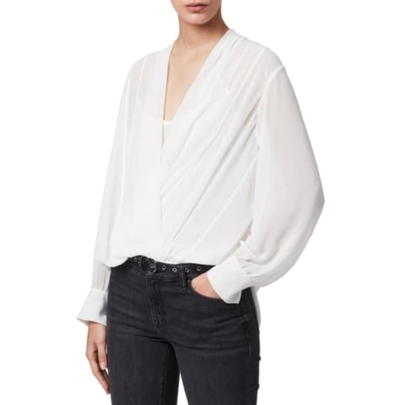 All saints women’s ivory sheer twisted cross over long sleeves minimalist top M - Picture 9 of 15